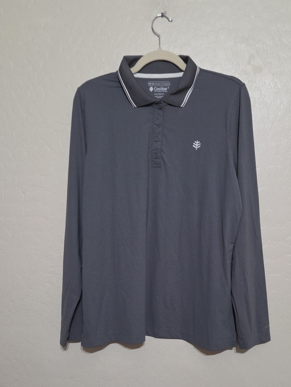 Coolibar Long Sleeve Golf Polo Shirt - Charcoal Gray with White Trim